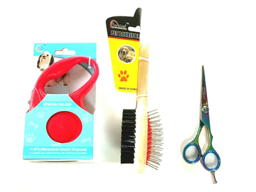 Retractable Dog Leash Double Brush Grooming Hair Scissors Complete Gift Set